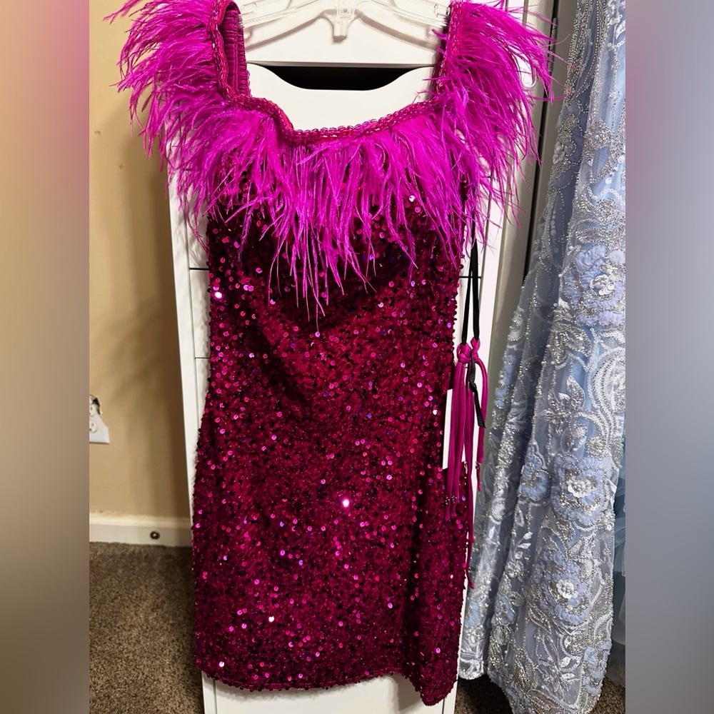 Elegant Fuchsia Feathered Sequin Prom Dress